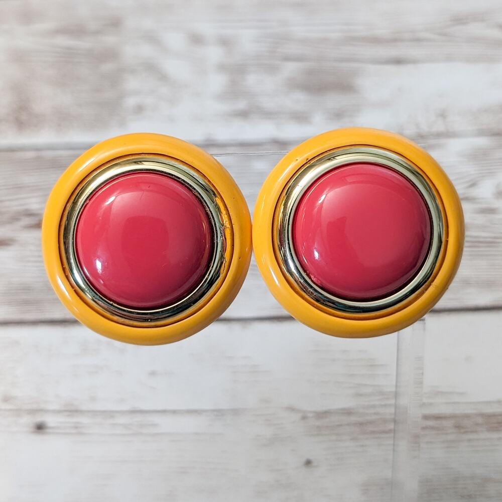 Vintage Clip On Earrings Statement Deep Yellow, Red, Gold Tone Large